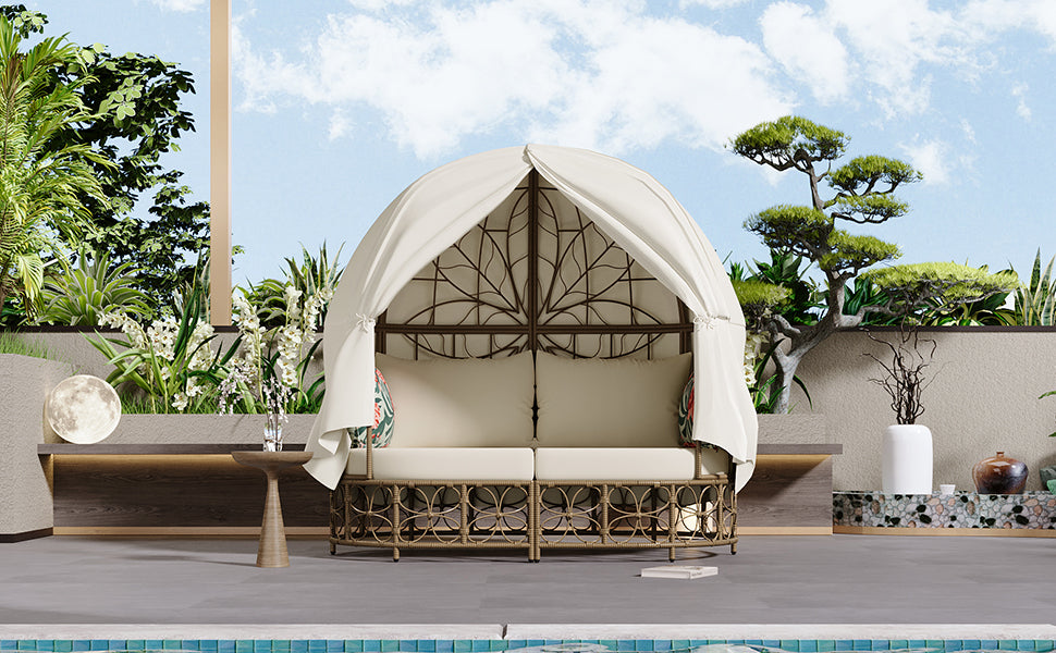 59.8" Outdoor Wicker Patio Daybed with Colorful Pillows and Adjustable Curtain, Beige Cushion