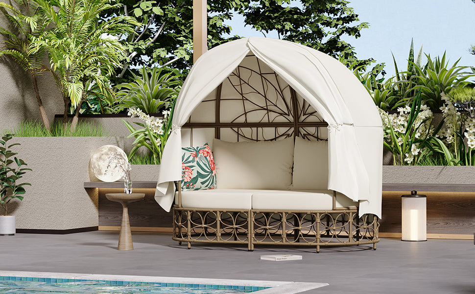 59.8" Outdoor Wicker Patio Daybed with Colorful Pillows and Adjustable Curtain, Beige Cushion