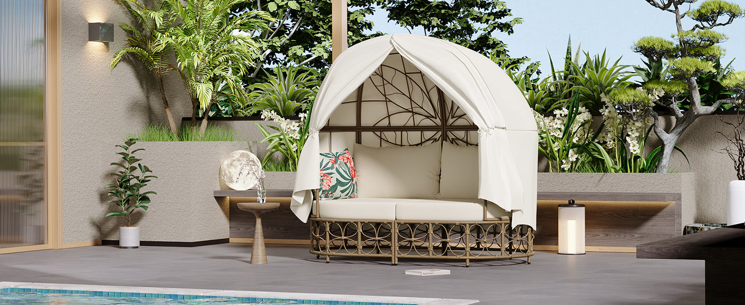 59.8" Outdoor Wicker Patio Daybed with Colorful Pillows and Adjustable Curtain, Beige Cushion