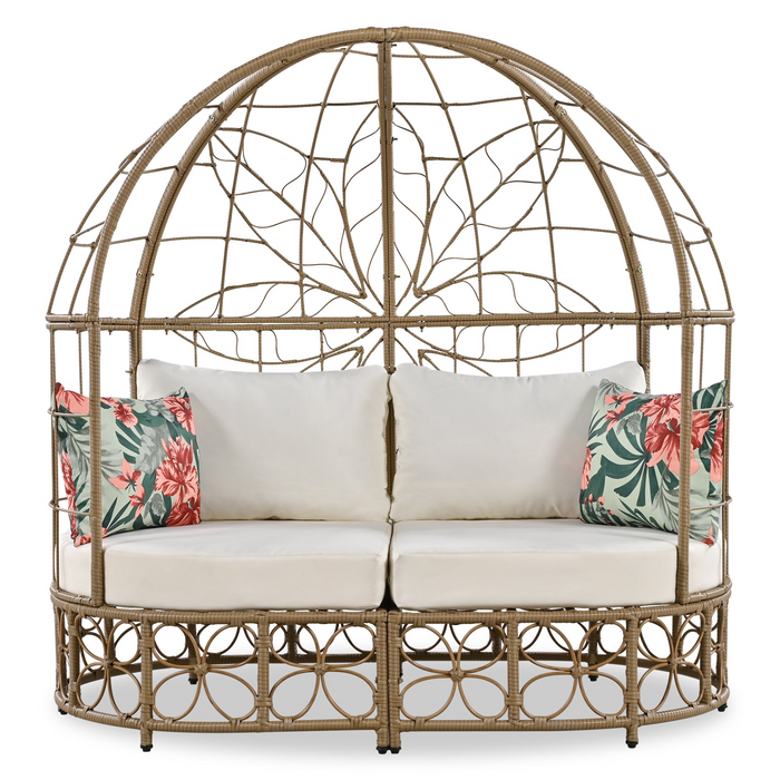 59.8" Outdoor Wicker Patio Daybed with Colorful Pillows and Adjustable Curtain, Beige Cushion