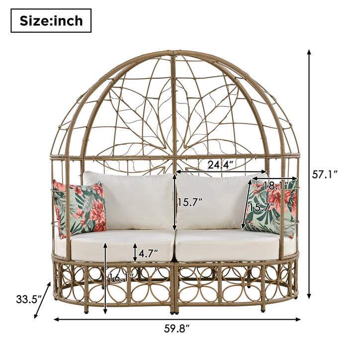 59.8" Outdoor Wicker Patio Daybed with Colorful Pillows and Adjustable Curtain, Beige Cushion