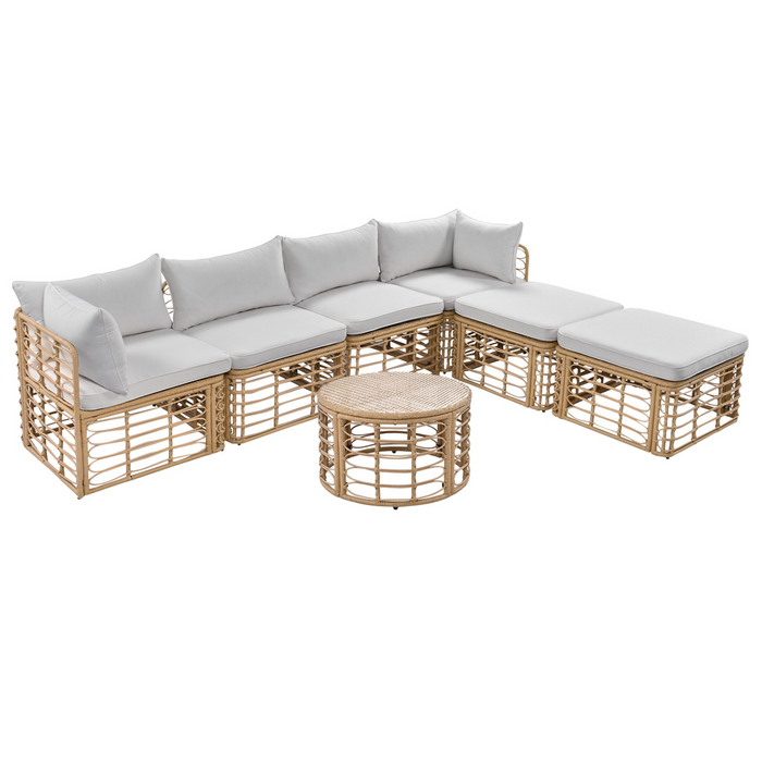 7 Piece Outdoor Patio Set - All-Weather Rattan Sectional Sofa with Thick Cushions & Pillows, Ideal for Garden, Backyard, Balcony, Gray