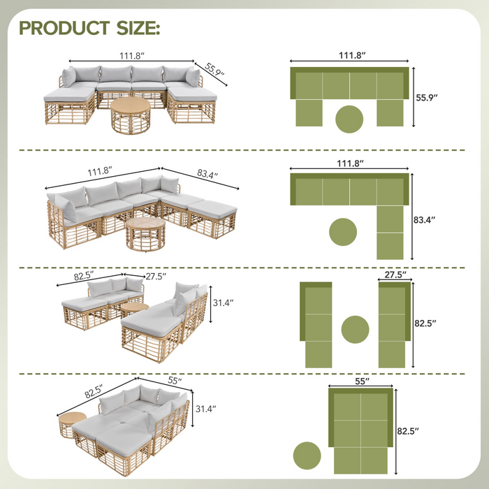 7 Piece Outdoor Patio Set - All-Weather Rattan Sectional Sofa with Thick Cushions & Pillows, Ideal for Garden, Backyard, Balcony, Gray