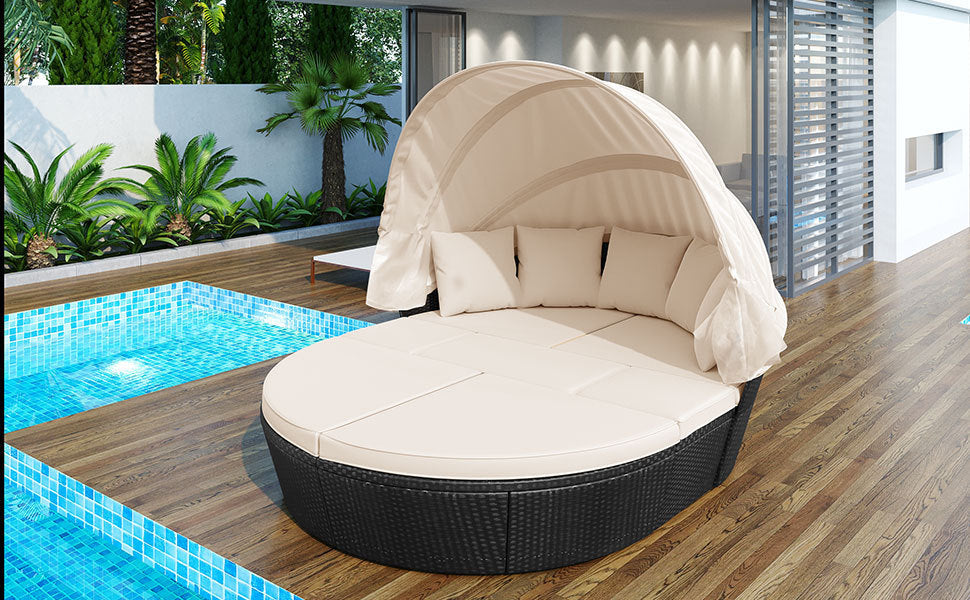 Outdoor Rattan Daybed Sunbed with Retractable Canopy - Beige