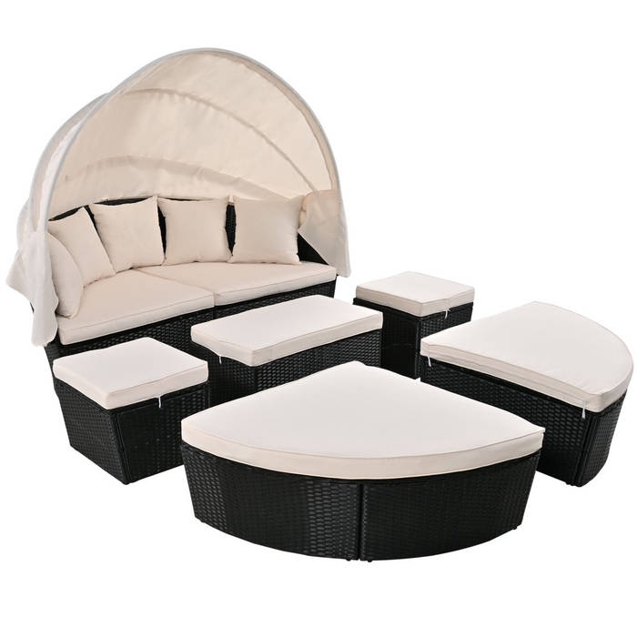 Outdoor Rattan Daybed Sunbed with Retractable Canopy - Beige