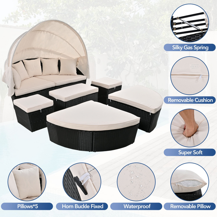 Outdoor Rattan Daybed Sunbed with Retractable Canopy - Beige