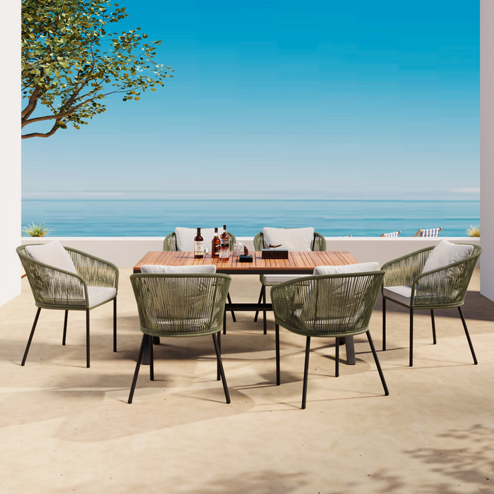 7 Pieces Patio Dining Set, All-Weather Outdoor Furniture Set with Dining Table and Chairs, Acacia Wood Tabletop, Metal Frame, for for Garden, Backyard, Balcony, Green