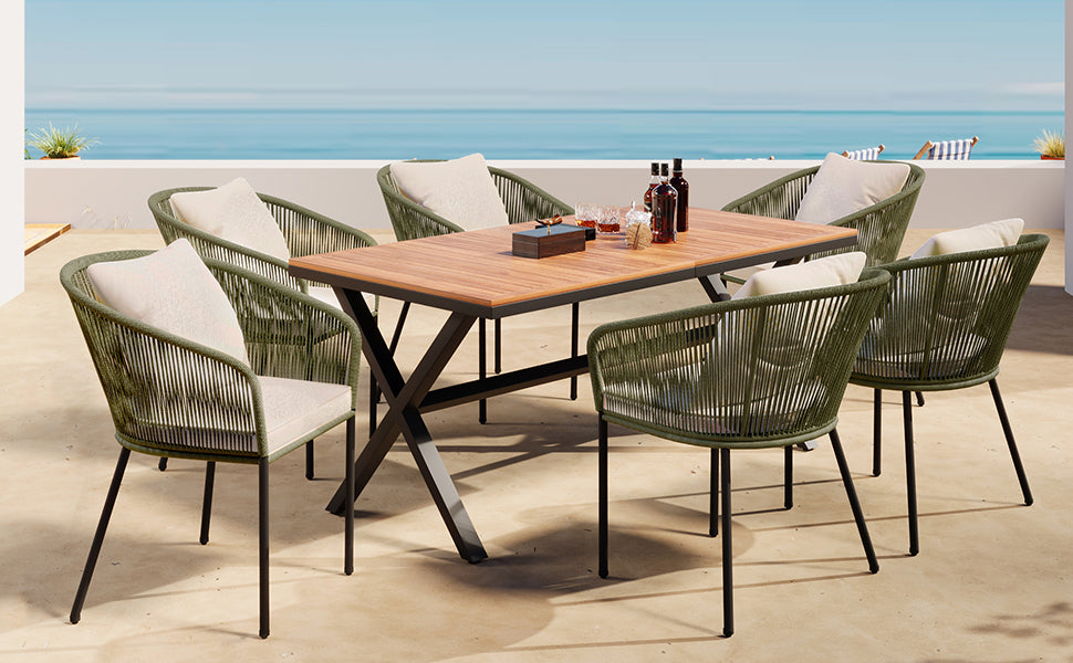 7 Pieces Patio Dining Set, All-Weather Outdoor Furniture Set with Dining Table and Chairs, Acacia Wood Tabletop, Metal Frame, for for Garden, Backyard, Balcony, Green