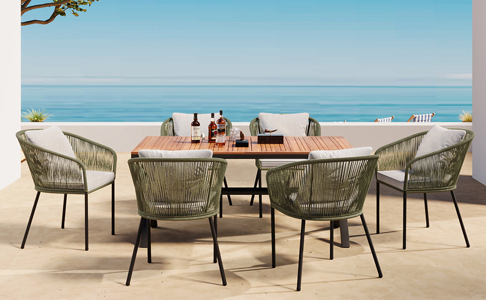 7 Pieces Patio Dining Set, All-Weather Outdoor Furniture Set with Dining Table and Chairs, Acacia Wood Tabletop, Metal Frame, for for Garden, Backyard, Balcony, Green