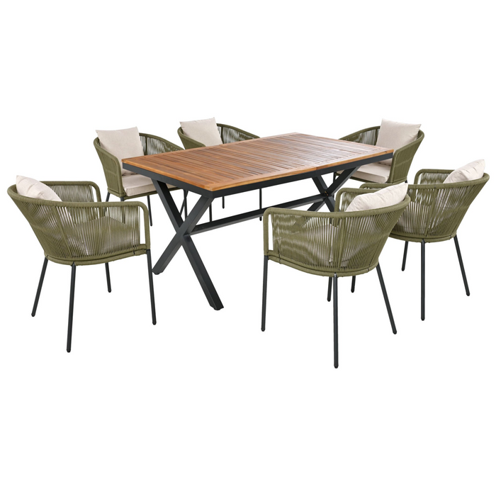 7 Pieces Patio Dining Set, All-Weather Outdoor Furniture Set with Dining Table and Chairs, Acacia Wood Tabletop, Metal Frame, for for Garden, Backyard, Balcony, Green