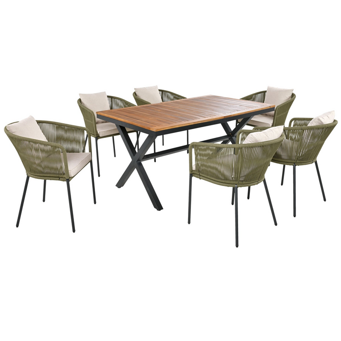 7 Pieces Patio Dining Set, All-Weather Outdoor Furniture Set with Dining Table and Chairs, Acacia Wood Tabletop, Metal Frame, for for Garden, Backyard, Balcony, Green