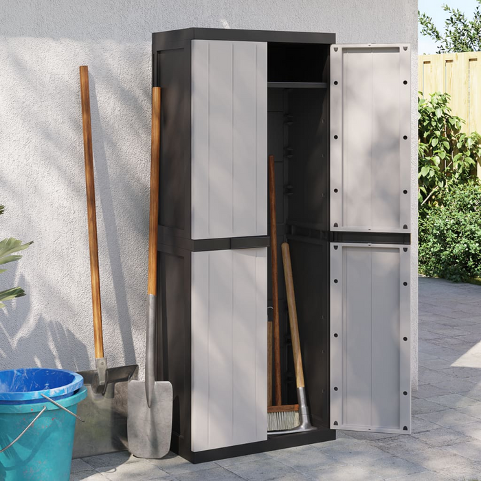 vidaXL Outdoor Storage Cabinet in Gray and Black, 25.6"x14.6"x65", Durable Polypropylene with Adjustable Shelves