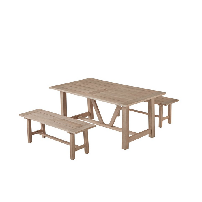 Rustic Light Oak Outdoor Dining Set - Acacia Wooden Table with 2 Benches | Durable Patio Furniture