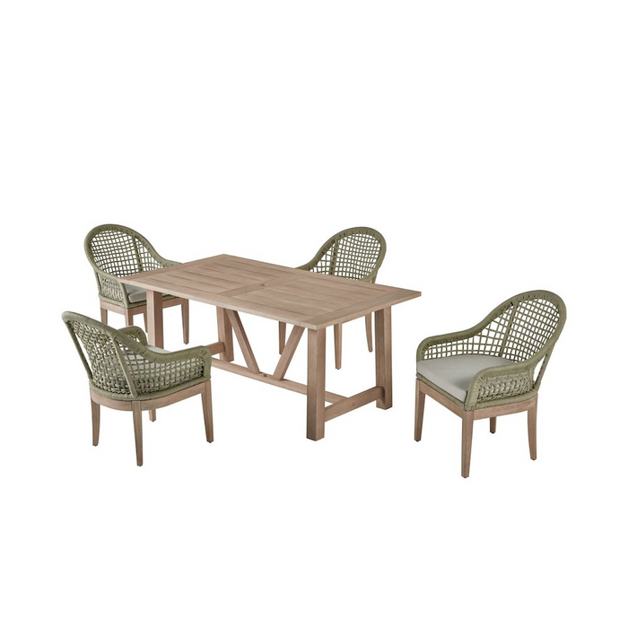 Light Oak Outdoor Dining Set - Acacia Wooden Table with 4 Cushioned Rope Chairs