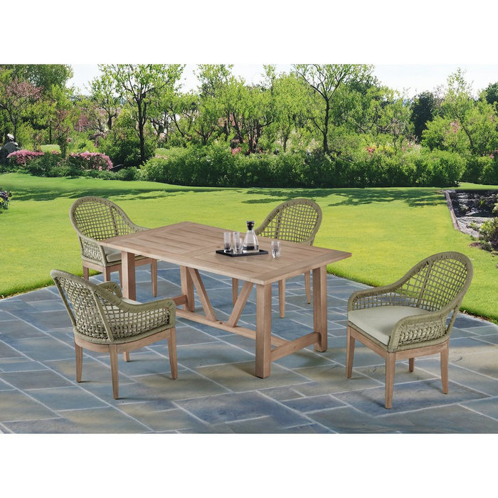 Light Oak Outdoor Dining Set - Acacia Wooden Table with 4 Cushioned Rope Chairs