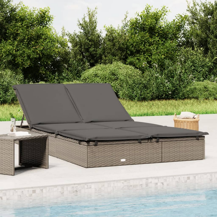 vidaXL 2-Person Sunbed with Cushions - Gray Poly Rattan Outdoor Lounger