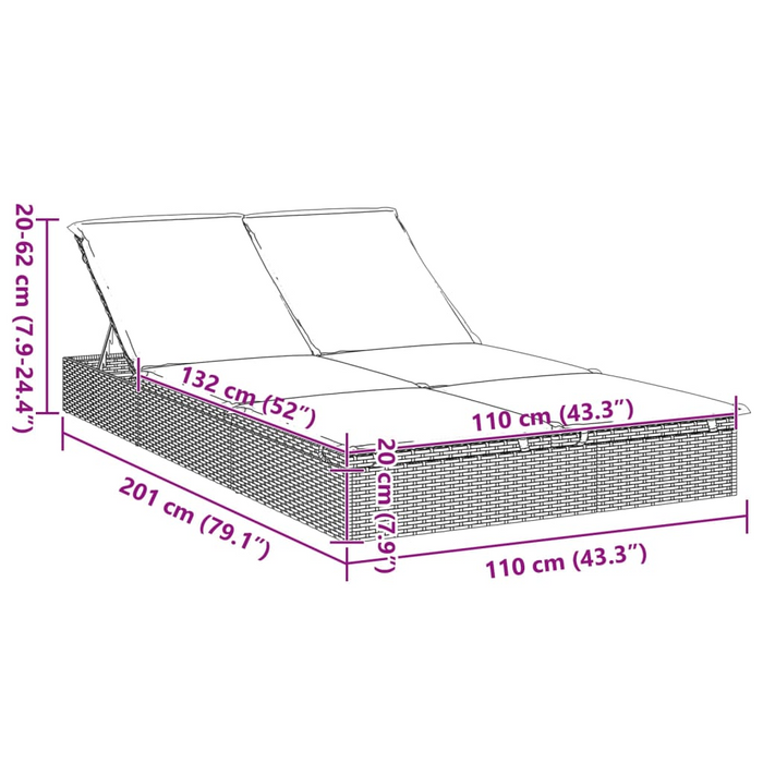 vidaXL 2-Person Sunbed with Cushions - Gray Poly Rattan Outdoor Lounger