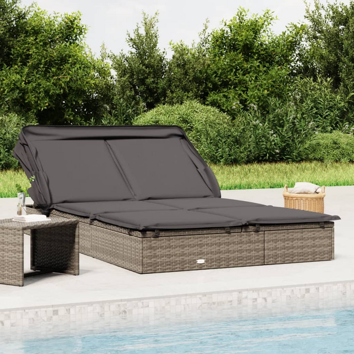 vidaXL 2-Person Sunbed with Foldable Roof Gray | 83.9"x46.5"x38.2" Poly Rattan Outdoor Lounger