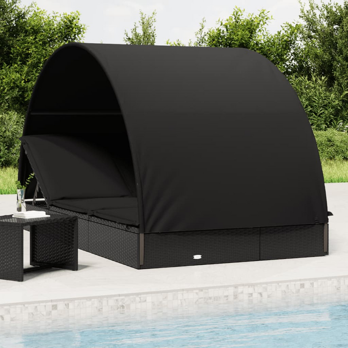 vidaXL 2-Person Sunbed with Round Roof - Black Poly Rattan Lounger | 83.1" x 44.1" x 55.1"