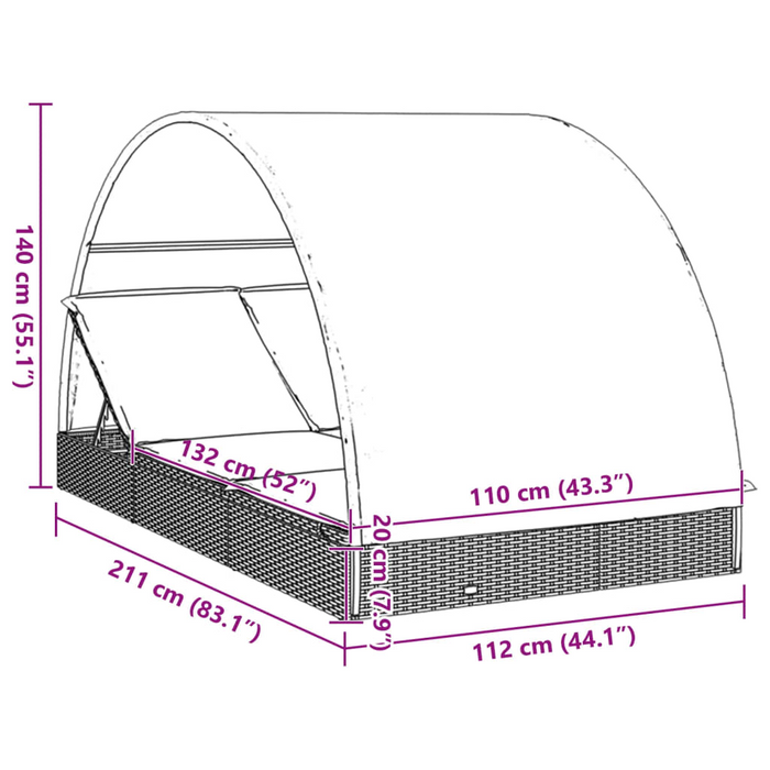 vidaXL 2-Person Sunbed with Round Roof - Black Poly Rattan Lounger | 83.1" x 44.1" x 55.1"