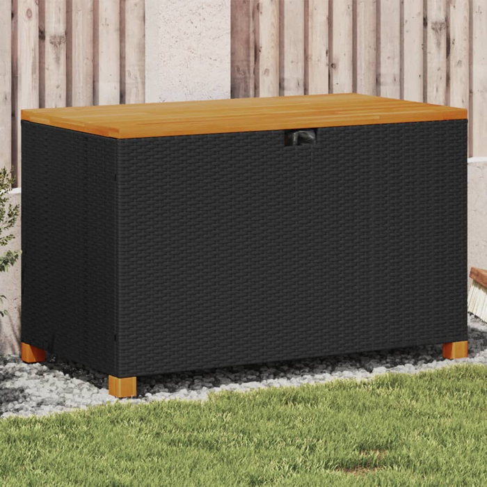 vidaXL Patio Storage Box Black 43.3"x21.7"x24.8" Poly Rattan Acacia Wood Outdoor Organizer