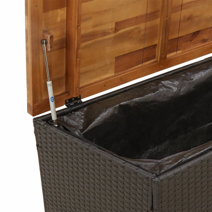 vidaXL Patio Storage Box Black 43.3"x21.7"x24.8" Poly Rattan Acacia Wood Outdoor Organizer