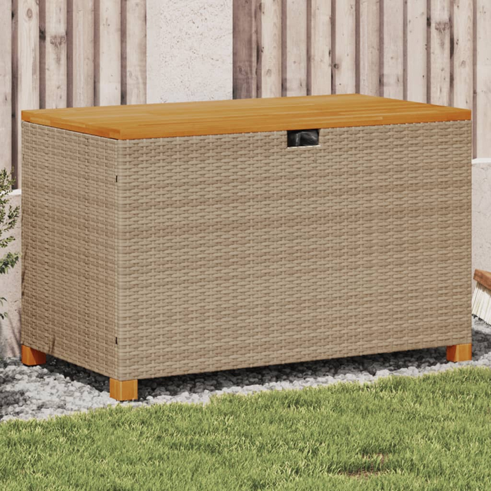 vidaXL Beige Patio Storage Box 43.3"x21.7"x24.8" - Poly Rattan & Acacia Wood