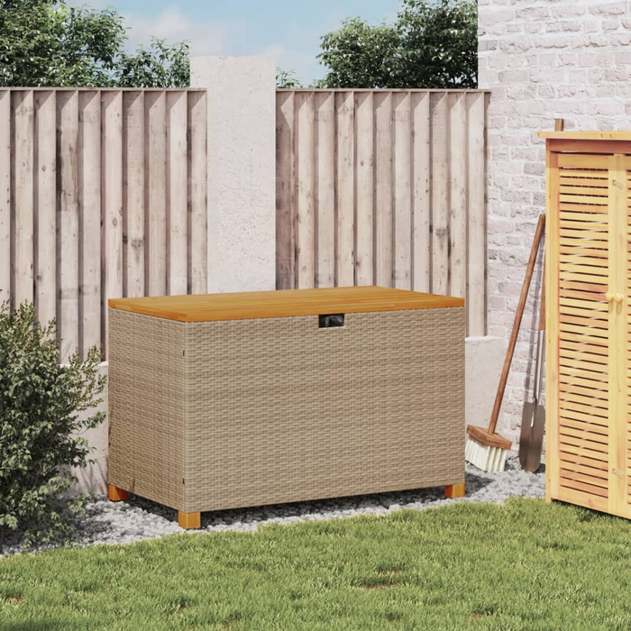 vidaXL Beige Patio Storage Box 43.3"x21.7"x24.8" - Poly Rattan & Acacia Wood