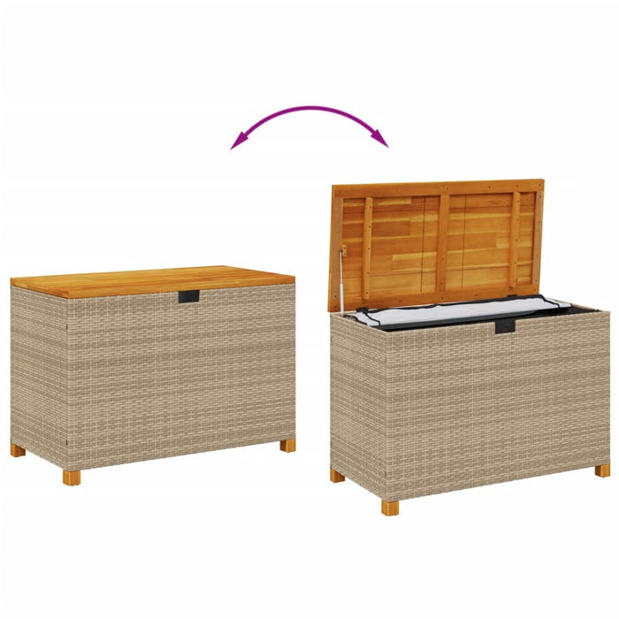 vidaXL Beige Patio Storage Box 43.3"x21.7"x24.8" - Poly Rattan & Acacia Wood