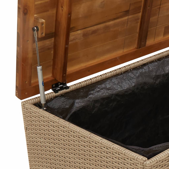 vidaXL Beige Patio Storage Box 43.3"x21.7"x24.8" - Poly Rattan & Acacia Wood