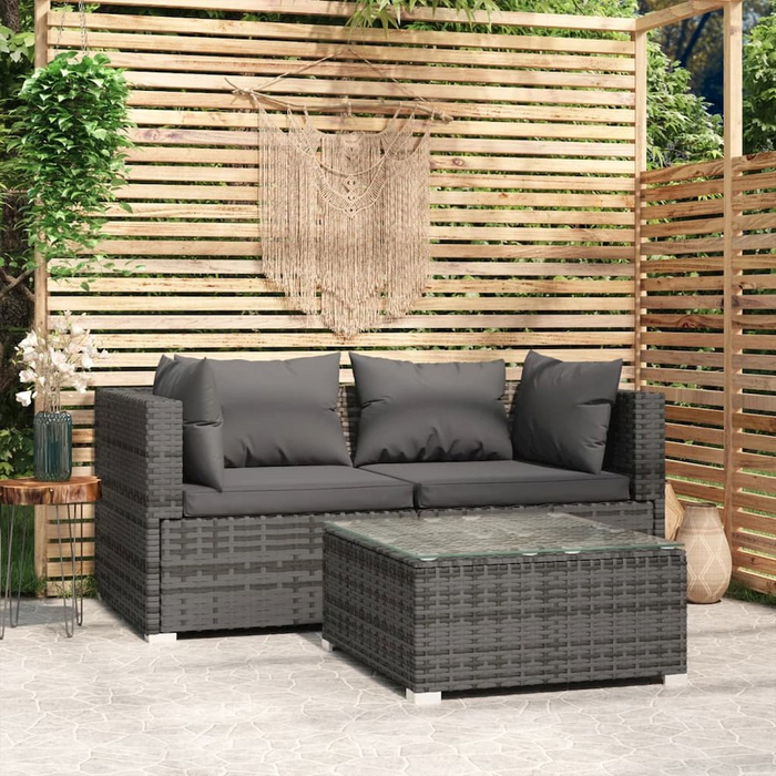 Patio Furniture Set 3 Piece with Cushions - Gray Poly Rattan | Outdoor Lounge Set