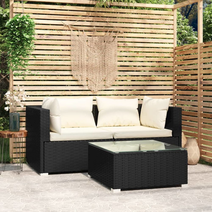 Stylish 3 Piece Patio Furniture Set with Cushions - Black Poly Rattan, Durable & Comfortable