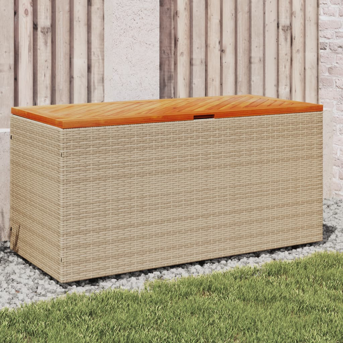 vidaXL Beige Patio Storage Box 43.3"x19.7"x21.3" Poly Rattan & Acacia Wood