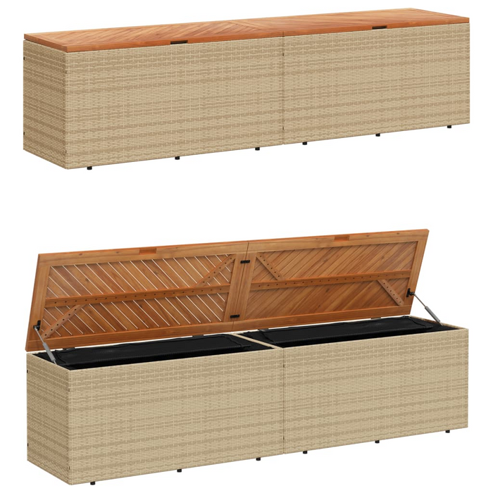 vidaXL Patio Storage Box Beige 86.6"x19.7"x21.3" Poly Rattan Acacia Wood - Weather-Resistant Outdoor Organizer