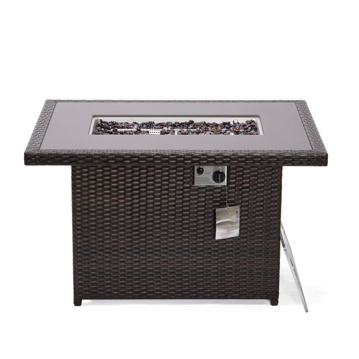 LeisureMod Mace Wicker Patio Modern Propane Fire Pit Table, Dark Brown - Cozy, Elegant, and Functional Outdoor Ambiance