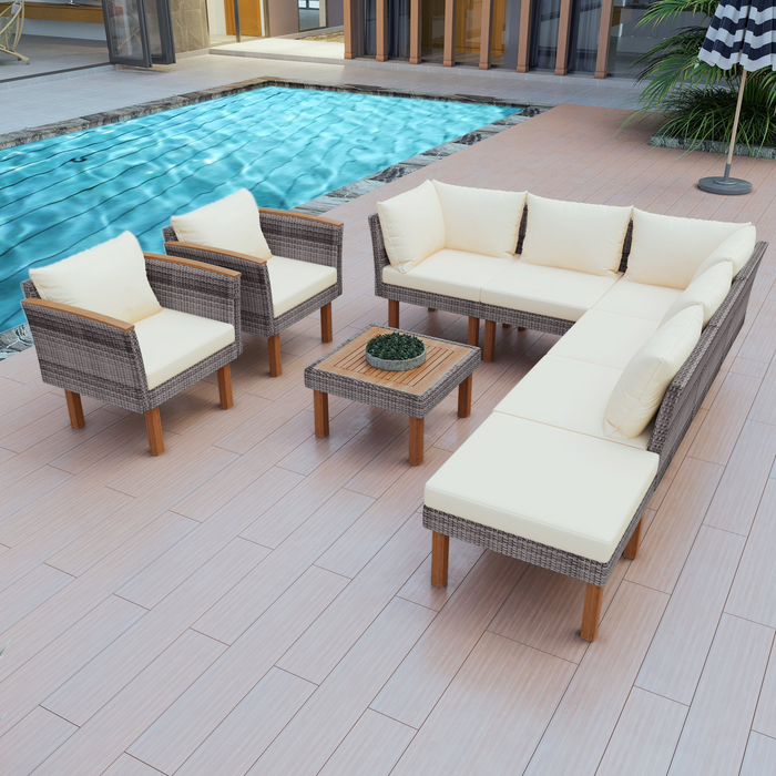 9-Piece Patio Rattan Furniture Set - Outdoor Conversation Set with Acacia Wood Legs & Tabletop, PE Rattan Sectional Sofa, Washable Cushions, Beige