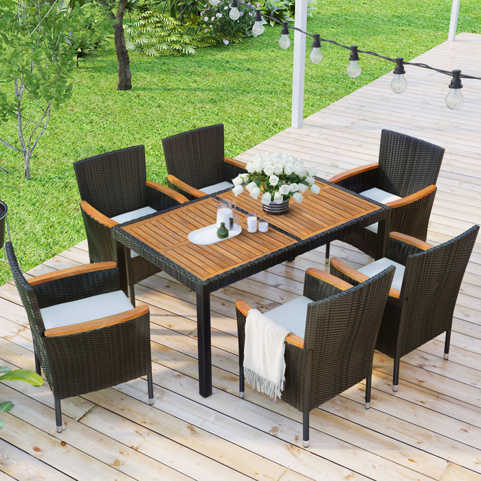 7-Piece Outdoor Patio Dining Set - PE Rattan Wicker, Acacia Wood, Stackable Cushioned Chairs, Brown