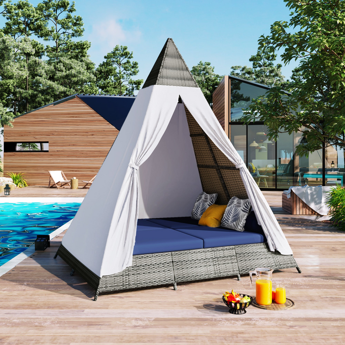 90.5" Outdoor Sunbed with Colorful Pillows, Wicker Patio Daybed with Cushions, Tent Shape, Gray and Blue