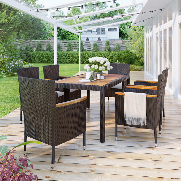 7-Piece Outdoor Patio Dining Set - PE Rattan Wicker, Acacia Wood, Stackable Cushioned Chairs, Brown