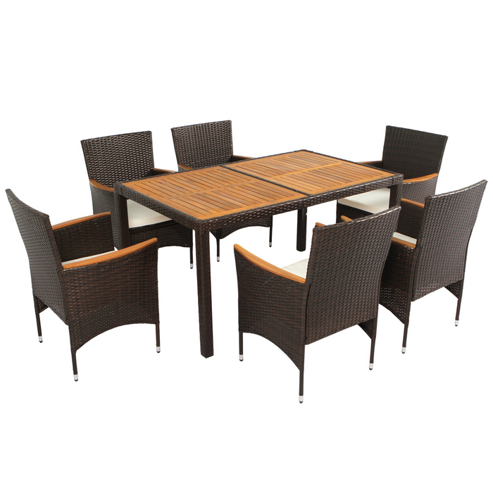 7-Piece Outdoor Patio Dining Set - PE Rattan Wicker, Acacia Wood, Stackable Cushioned Chairs, Brown