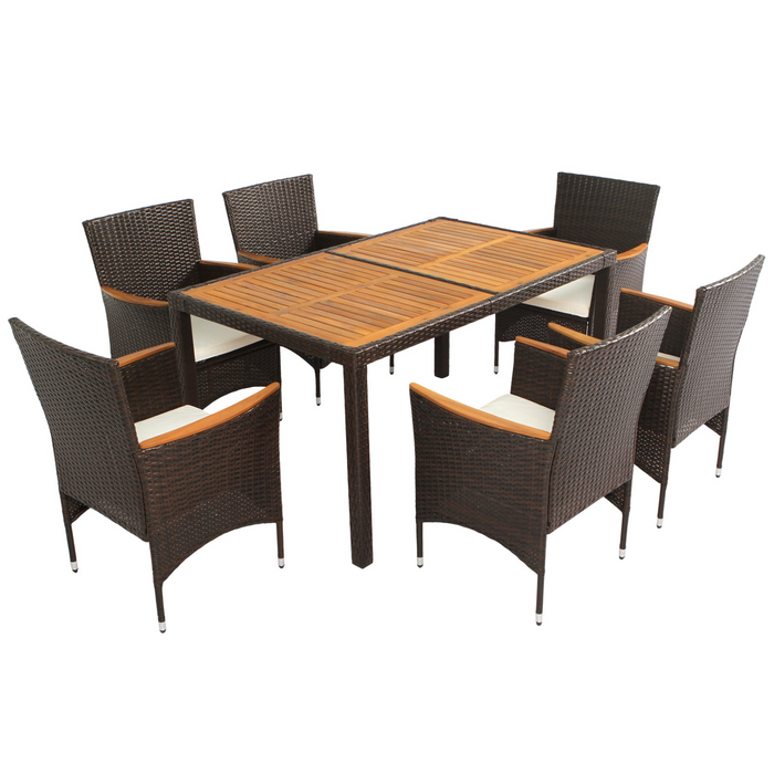 7-Piece Outdoor Patio Dining Set - PE Rattan Wicker, Acacia Wood, Stackable Cushioned Chairs, Brown