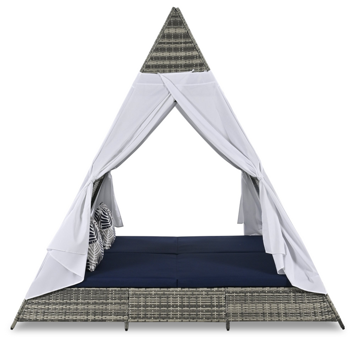 90.5" Outdoor Sunbed with Colorful Pillows, Wicker Patio Daybed with Cushions, Tent Shape, Gray and Blue