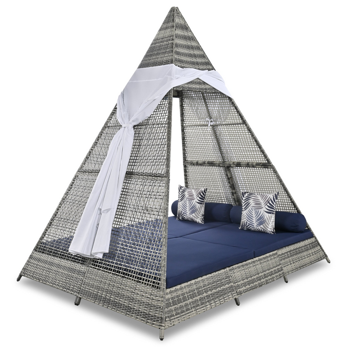 90.5" Outdoor Sunbed with Colorful Pillows, Wicker Patio Daybed with Cushions, Tent Shape, Gray and Blue