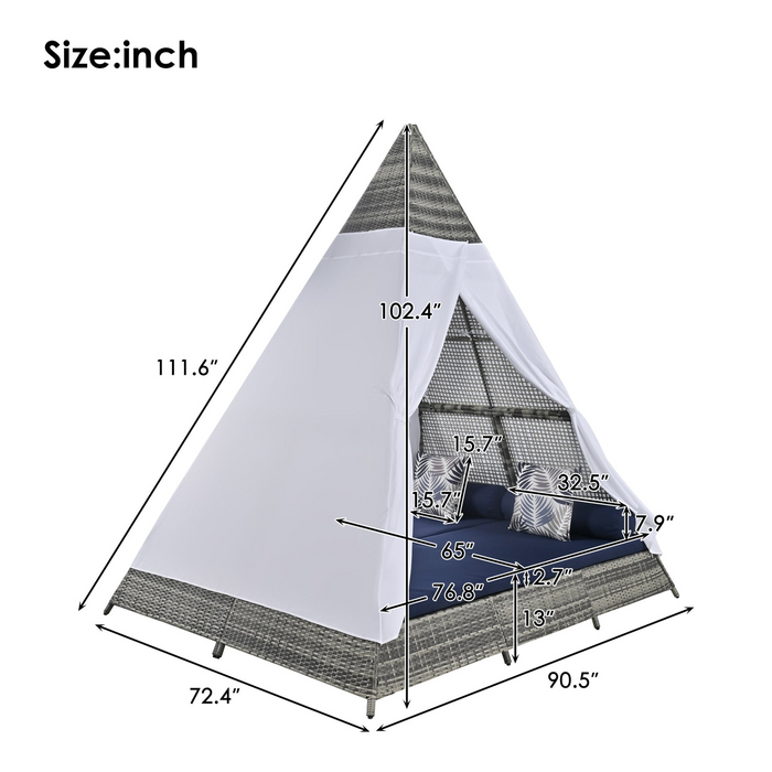 90.5" Outdoor Sunbed with Colorful Pillows, Wicker Patio Daybed with Cushions, Tent Shape, Gray and Blue