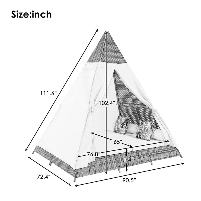 90.5" Outdoor Sunbed with Colorful Pillows, Wicker Patio Daybed with Cushions, Tent Shape, Gray and Blue