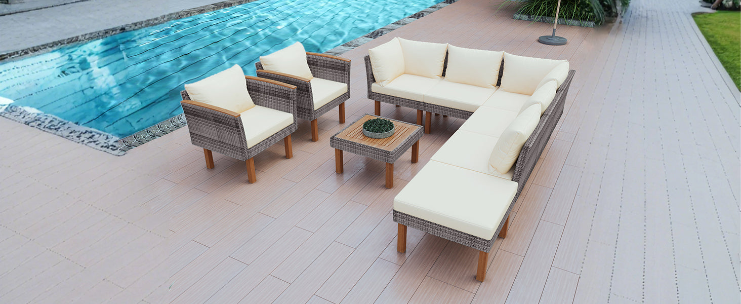 9-Piece Patio Rattan Furniture Set - Outdoor Conversation Set with Acacia Wood Legs & Tabletop, PE Rattan Sectional Sofa, Washable Cushions, Beige