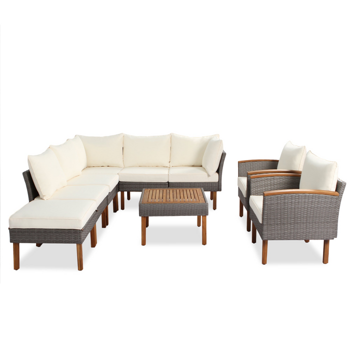 9-Piece Patio Rattan Furniture Set, Outdoor Conversation Set With Acacia Wood Legs and Tabletop, PE Rattan Sectional Sofa Set with Coffee Table, Washable Cushion, Beige