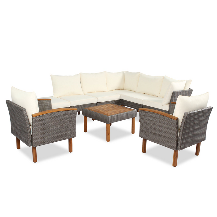 9-Piece Patio Rattan Furniture Set - Outdoor Conversation Set with Acacia Wood Legs & Tabletop, PE Rattan Sectional Sofa, Washable Cushions, Beige