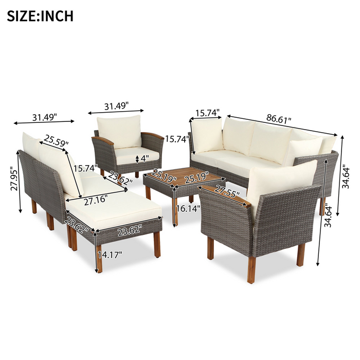 9-Piece Patio Rattan Furniture Set, Outdoor Conversation Set With Acacia Wood Legs and Tabletop, PE Rattan Sectional Sofa Set with Coffee Table, Washable Cushion, Beige