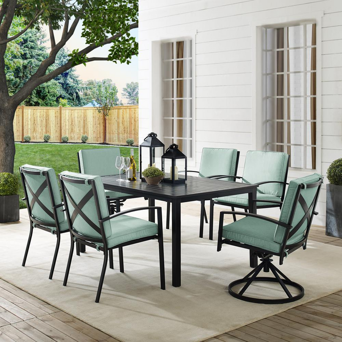 Kaplan 7Pc Outdoor Metal Dining Set in Mist/Oil Rubbed Bronze - Elegant Dining Table with 2 Swivel Chairs & 4 Regular Chairs